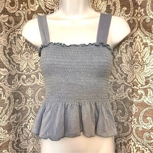 Urban Outfitters Babydoll Top Soft Blue Chambray Jersey Stretch Smocked Peplum L